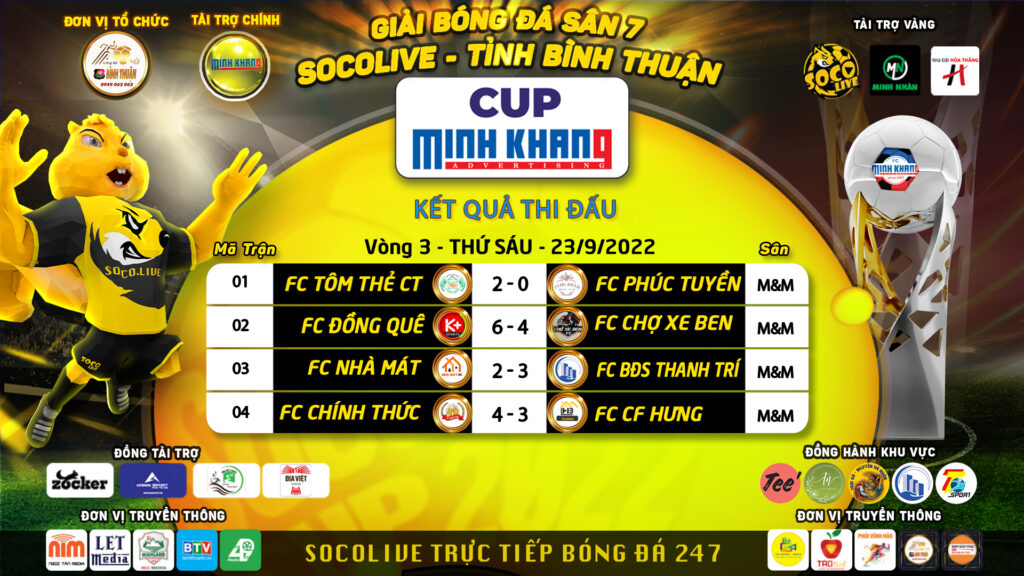 Kết quả Vòng 3 Giải bóng đá phong trào Bình Thuận sân 7 Socolive Cup Minh Khang