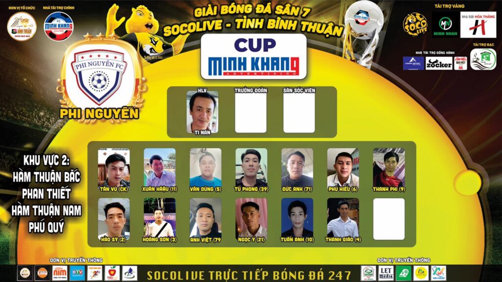 Danh sách đội hình Phi Nguyễn FC tại Giải Bóng đá Sân 7 Socolive Bình Thuận Cup Minh Khang