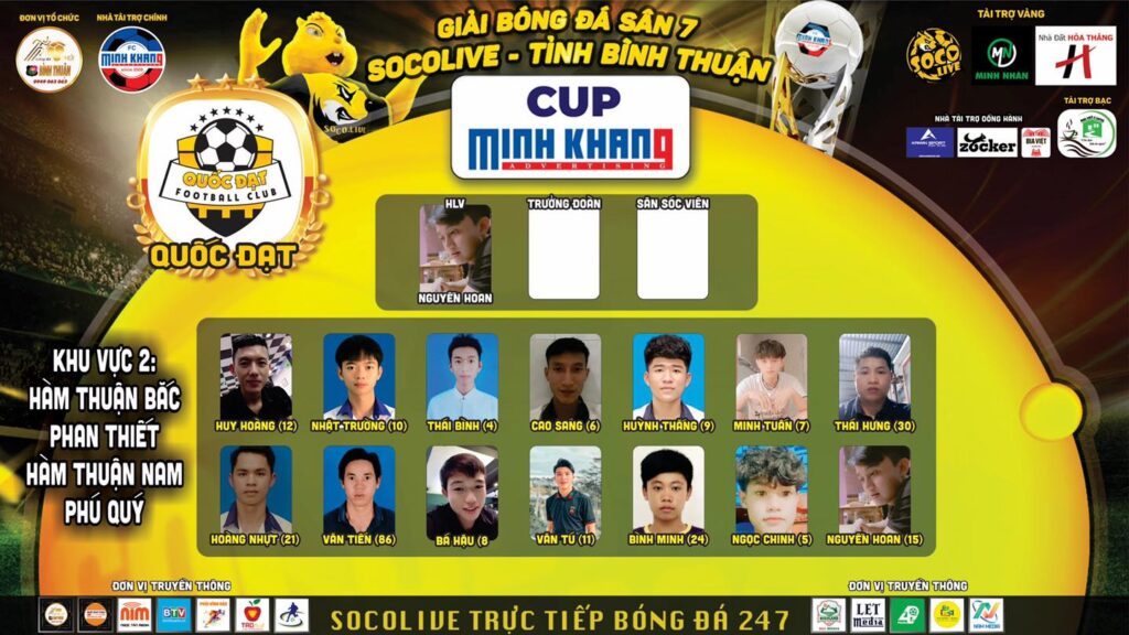 Danh sách đội hình Quốc Đạt FC tại Giải Bóng đá Sân 7 Socolive Bình Thuận Cup Minh Khang