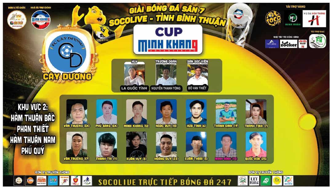 Danh sách đội hình Cây Dương FC tại Giải Bóng đá Sân 7 Socolive Bình Thuận Cup Minh Khang