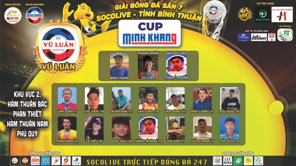 Danh sách đội hình Vũ Luân FC tại Giải Bóng đá Sân 7 Socolive Bình Thuận Cup Minh Khang