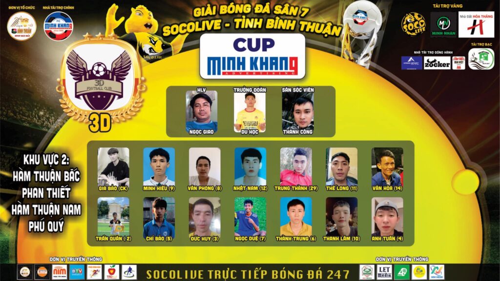 Danh sách đội hình 3D FC tại Giải Bóng đá Sân 7 Socolive Bình Thuận Cup Minh Khang