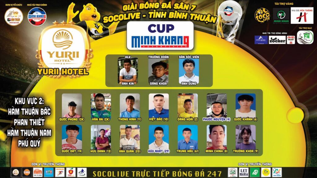 Danh sách đội hình Yurii Hotel FC tại Giải Bóng đá Sân 7 Socolive Bình Thuận Cup Minh Khang