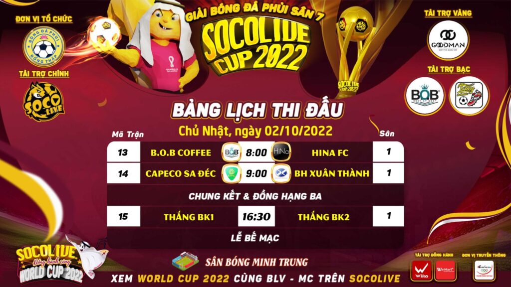 Lịch Bán Kết Giải Bóng đá phủi Sân 7 Socolive Cup Đồng Tháp 2022
