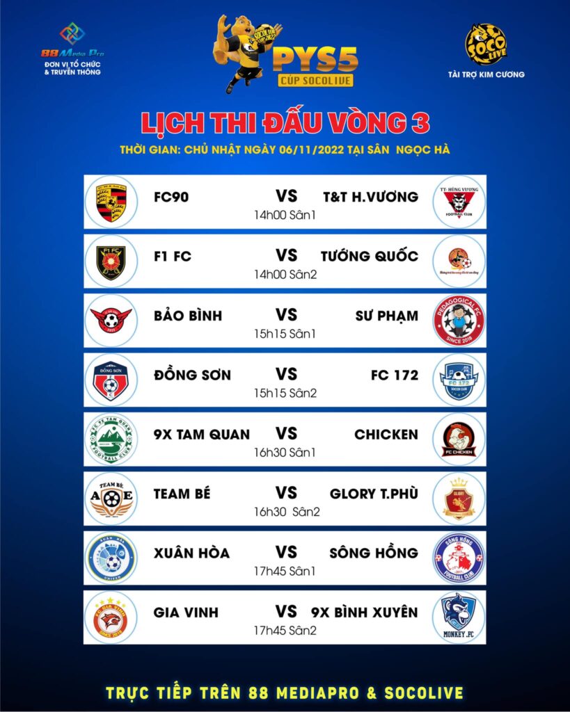 Lịch Vòng 3 Giải Bóng Đá Sân 7 Phúc Yên PYS5 Socolive Cup 2022