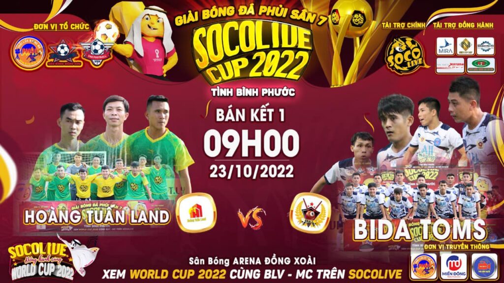 Bán kết 1: Hoàng Tuấn Land FC vs Bida Toms FC tại Giải bóng đá Bình Phước Socolive Cup 2022